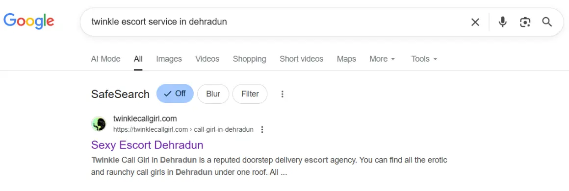 screenshot result keyword type on google 'twinkle escort service in dehradun'